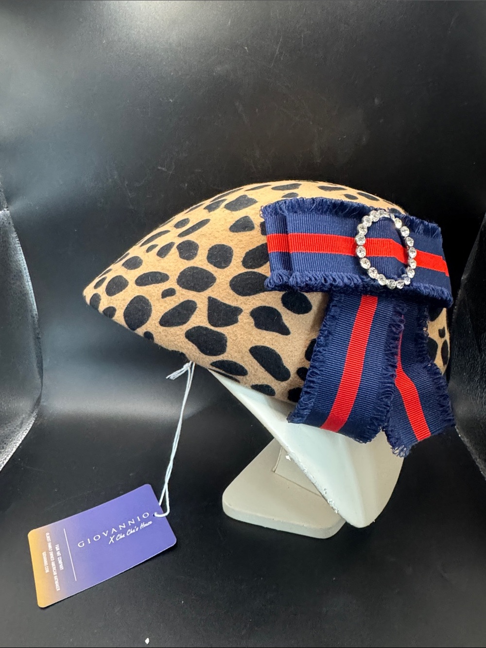 Cha Cha’s House Giovannio NY Leopard beret with Navy & Red Ribbon